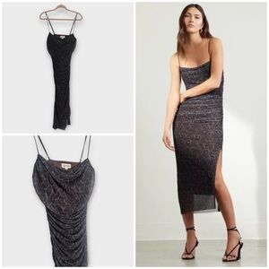 NEW Open Edit Shirred Mesh Midi Leopard Print Dress, Small